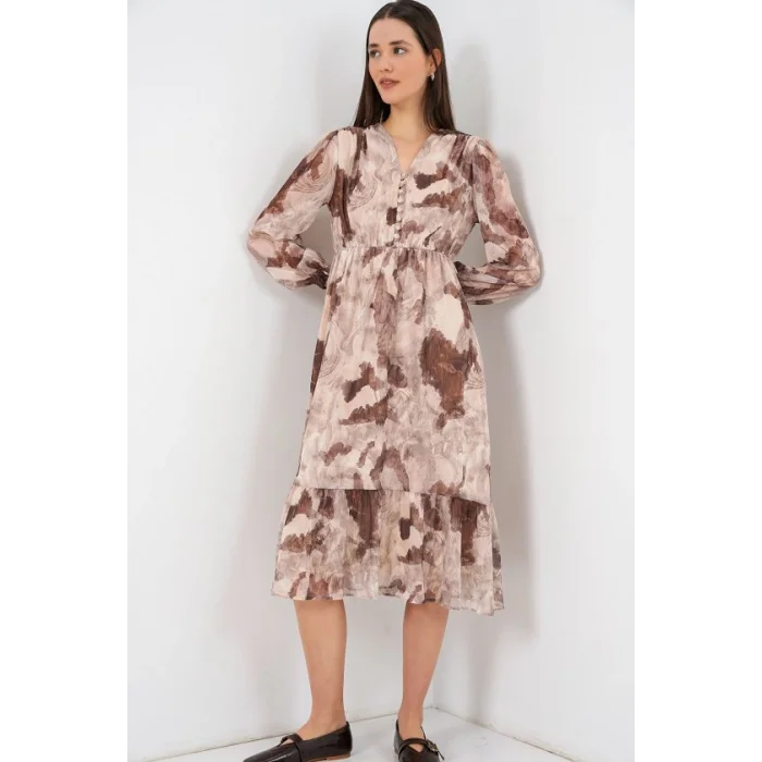 2137 Desenli Şifon Elbise - K. Bej