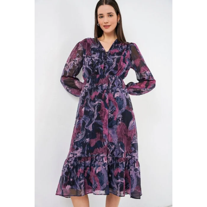 2137 Desenli Şifon Elbise - Koyu Lila