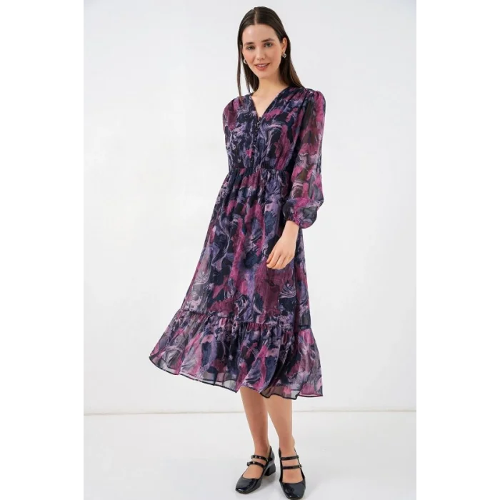 2137 Desenli Şifon Elbise - Koyu Lila