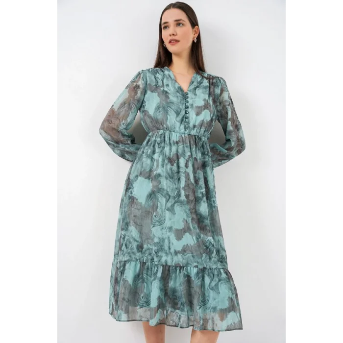 2137 Desenli Şifon Elbise - Mint Yeşili