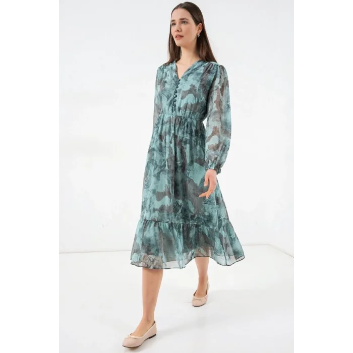 2137 Desenli Şifon Elbise - Mint Yeşili