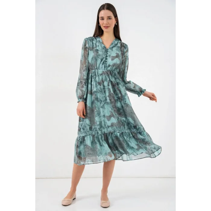 2137 Desenli Şifon Elbise - Mint Yeşili