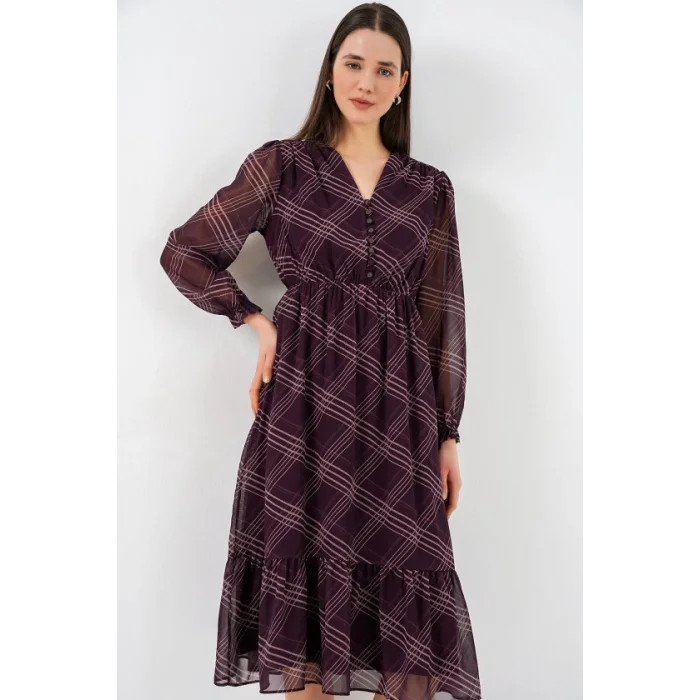 2137 Desenli Şifon Elbise - Mor