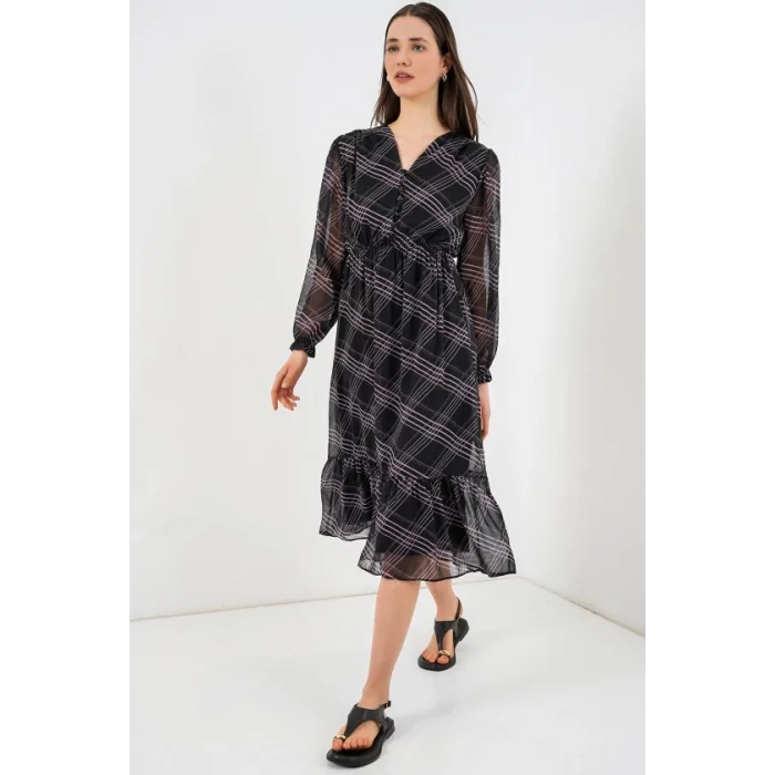 2137 Desenli Şifon Elbise - Siyah1