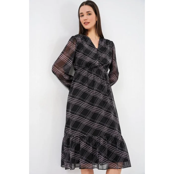 2137 Desenli Şifon Elbise - Siyah1