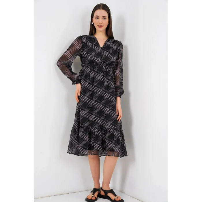 2137 Desenli Şifon Elbise - Siyah1