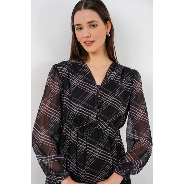 2137 Desenli Şifon Elbise - Siyah1