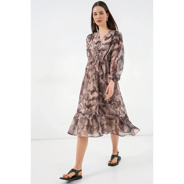 2137 Desenli Şifon Elbise - Y.Bej