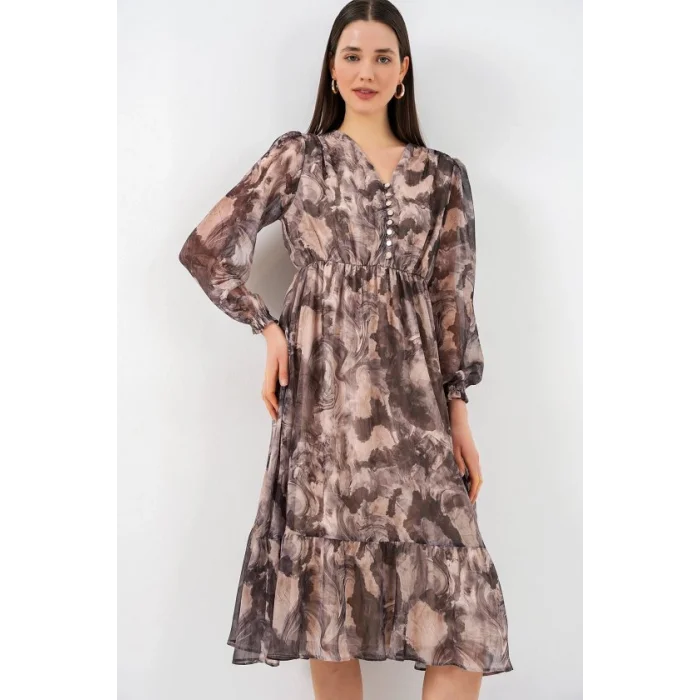 2137 Desenli Şifon Elbise - Y.Bej