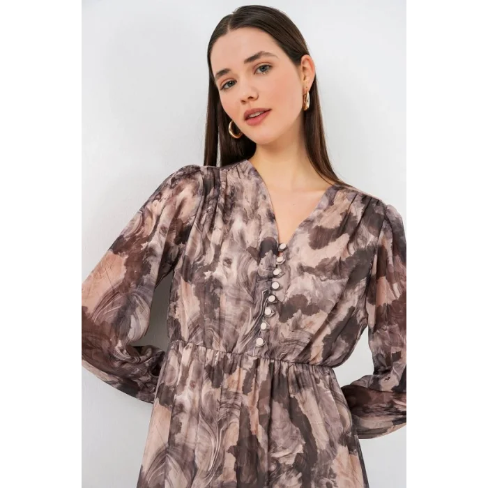 2137 Desenli Şifon Elbise - Y.Bej