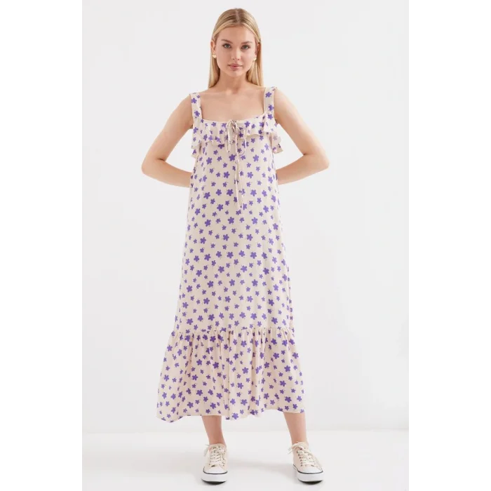 2237 Desenli Askılı Viskon Elbise - Lila