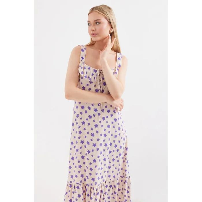 2237 Desenli Askılı Viskon Elbise - Lila