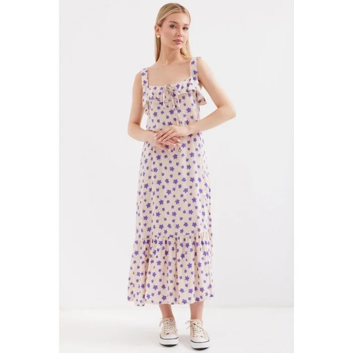 2237 Desenli Askılı Viskon Elbise - Lila