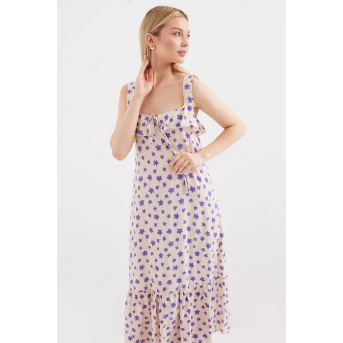 2237 Desenli Askılı Viskon Elbise - Lila