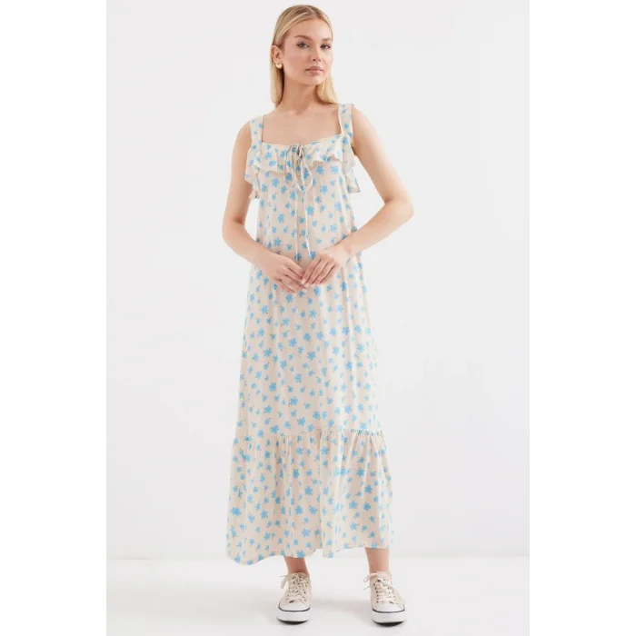 2237 Desenli Askılı Viskon Elbise - Mavi