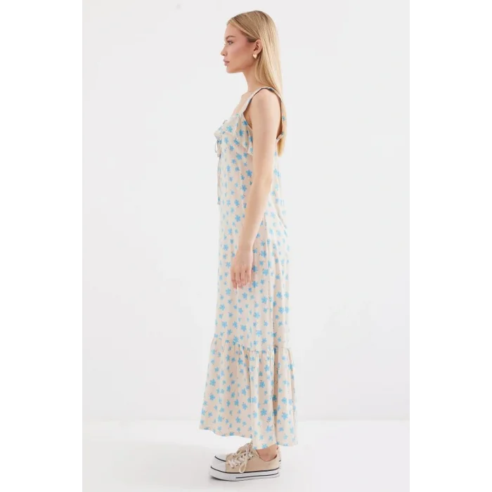 2237 Desenli Askılı Viskon Elbise - Mavi