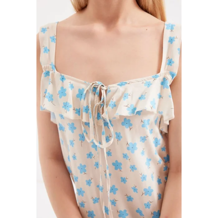 2237 Desenli Askılı Viskon Elbise - Mavi