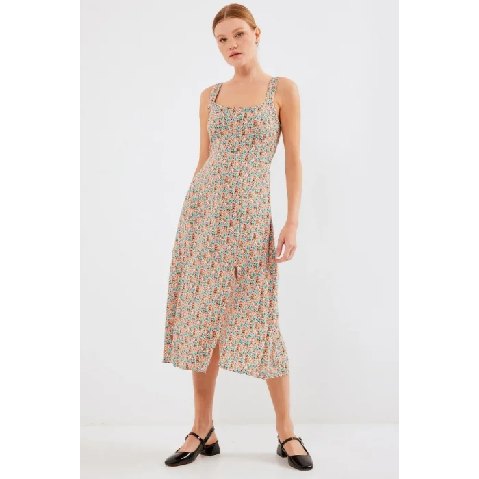 2282 Yırtmaçlı Askılı Viskon Elbise - Çok Renkli