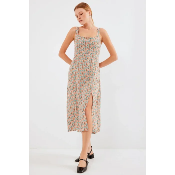 2282 Yırtmaçlı Askılı Viskon Elbise - Çok Renkli