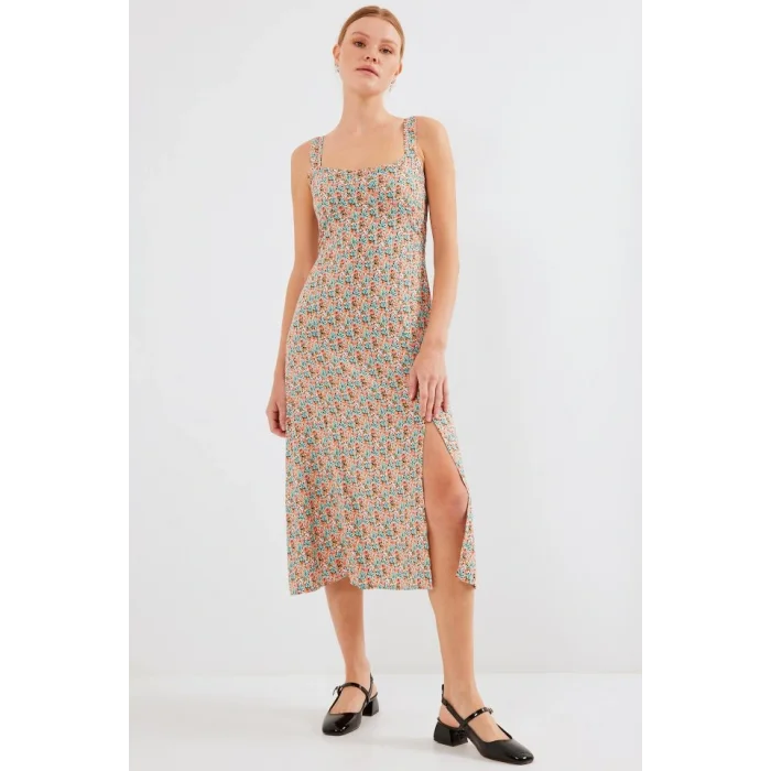 2282 Yırtmaçlı Askılı Viskon Elbise - Çok Renkli