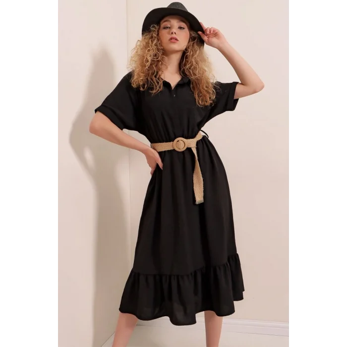 2292 Kemerli Elbise - Siyah