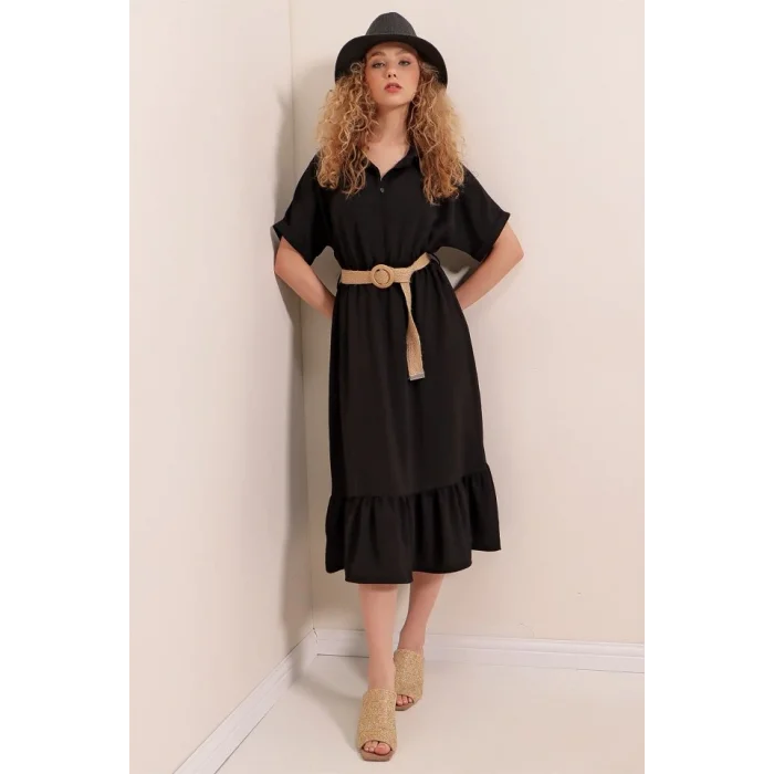 2292 Kemerli Elbise - Siyah