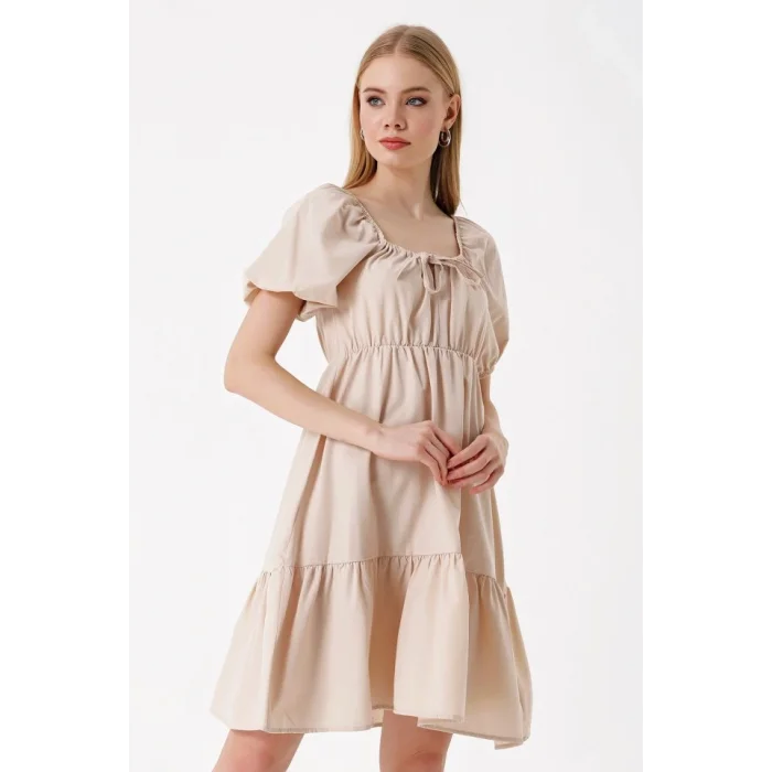 2351 Kloş Poplin Elbise - Bej