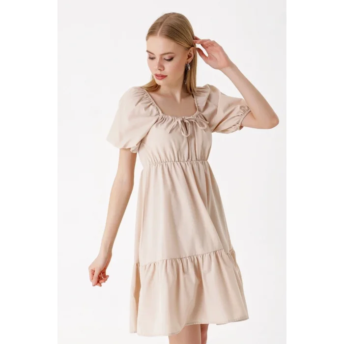 2351 Kloş Poplin Elbise - Bej