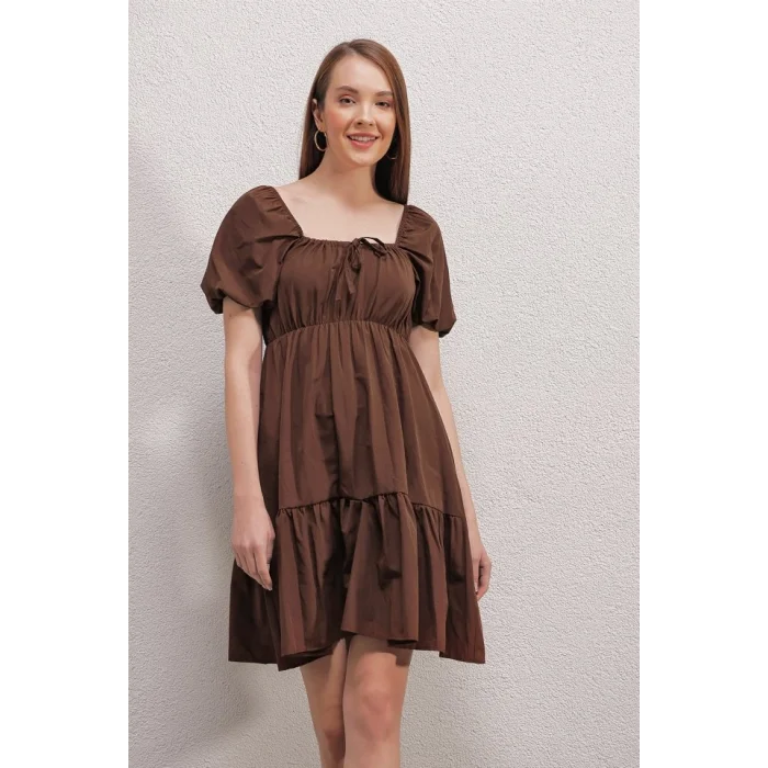 2351 Kloş Poplin Elbise - Kahverengi