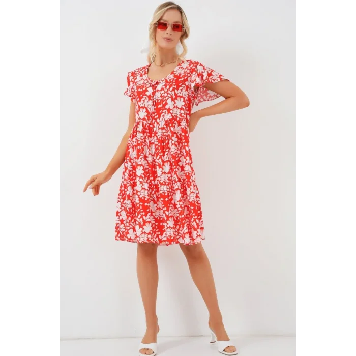 2352 V Yaka Kısa Elbise - Kırmızı