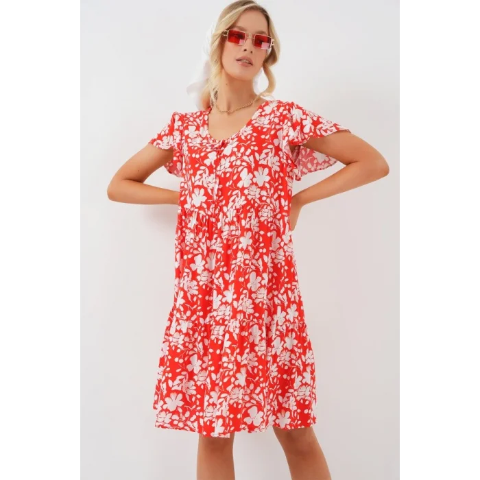 2352 V Yaka Kısa Elbise - Kırmızı