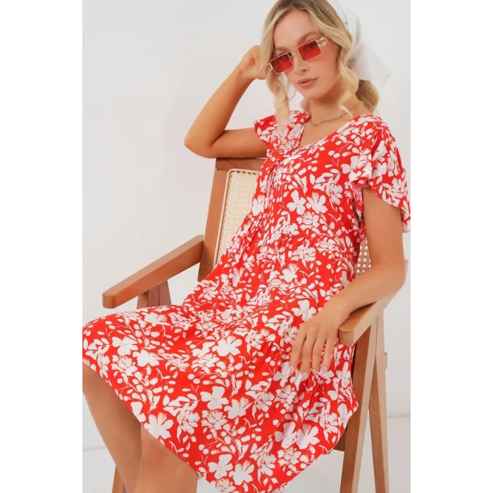 2352 V Yaka Kısa Elbise - Kırmızı