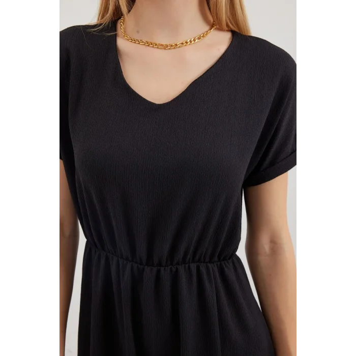 2378 V Yaka Yırtmaçlı Örme Elbise - Siyah