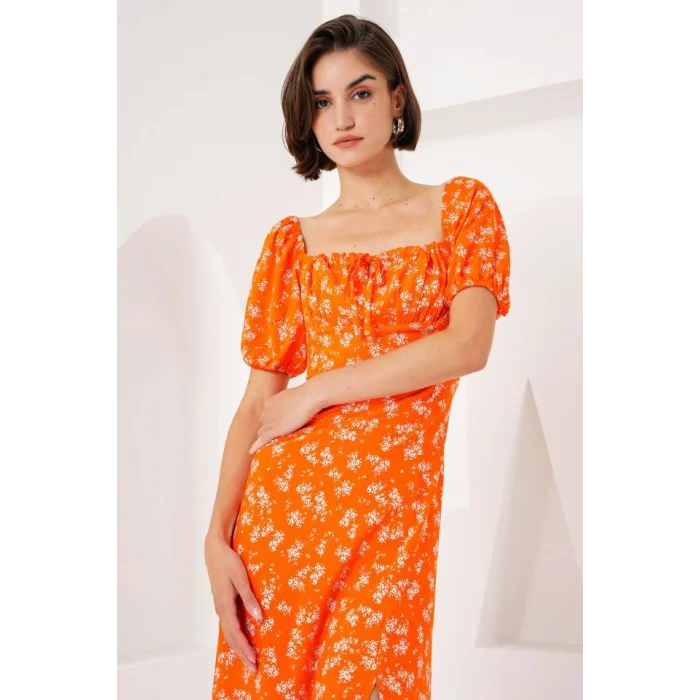 2387 Yırtmaç Detaylı Elbise - Turuncu