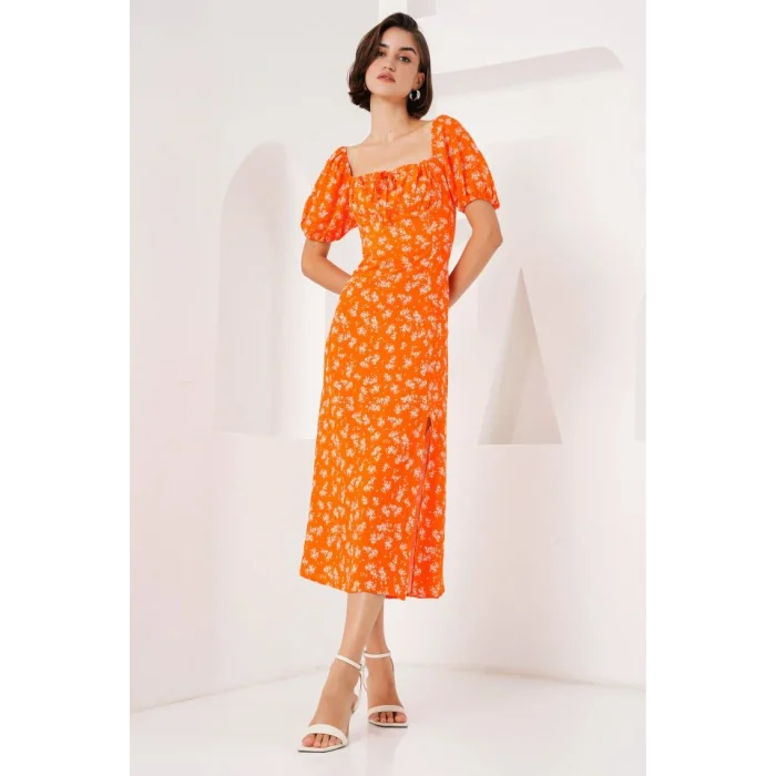 2387 Yırtmaç Detaylı Elbise - Turuncu