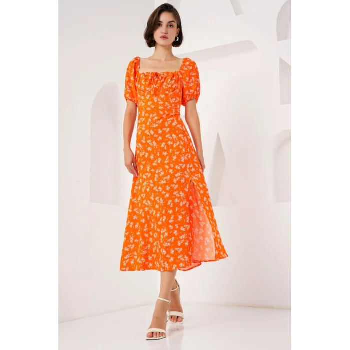 2387 Yırtmaç Detaylı Elbise - Turuncu