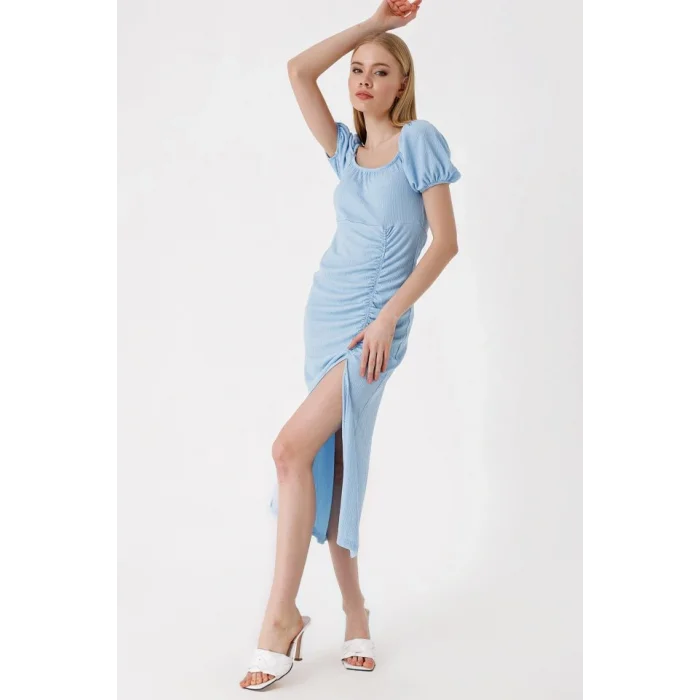 2396 Yırtmaçlı Yazlık Örme Elbise - Mavi