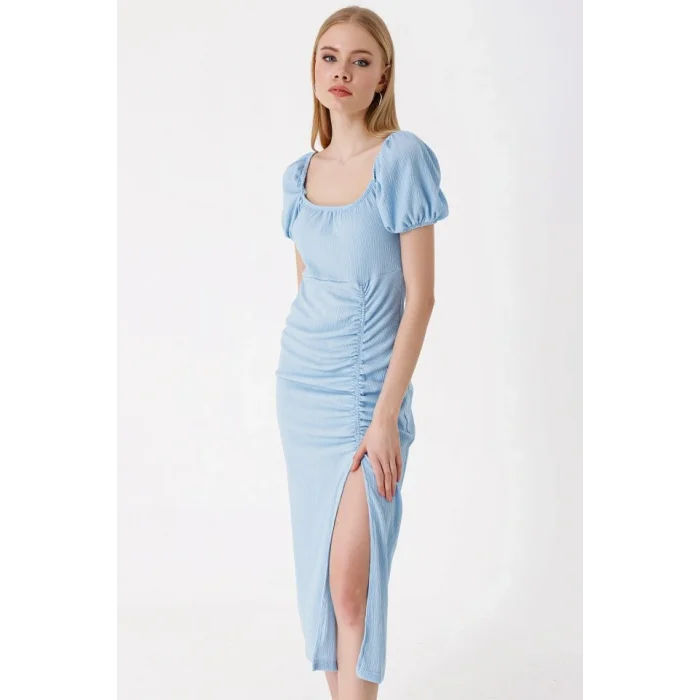 2396 Yırtmaçlı Yazlık Örme Elbise - Mavi