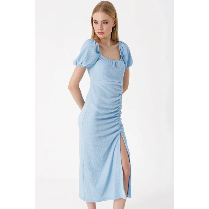 2396 Yırtmaçlı Yazlık Örme Elbise - Mavi