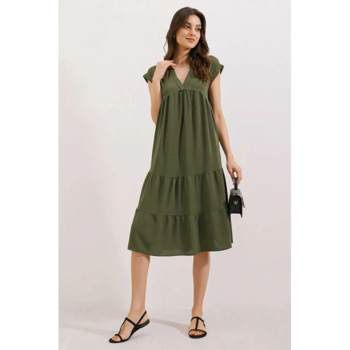 2398 V Yaka Volanlı Elbise - Haki