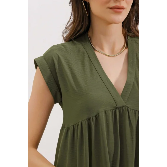 2398 V Yaka Volanlı Elbise - Haki