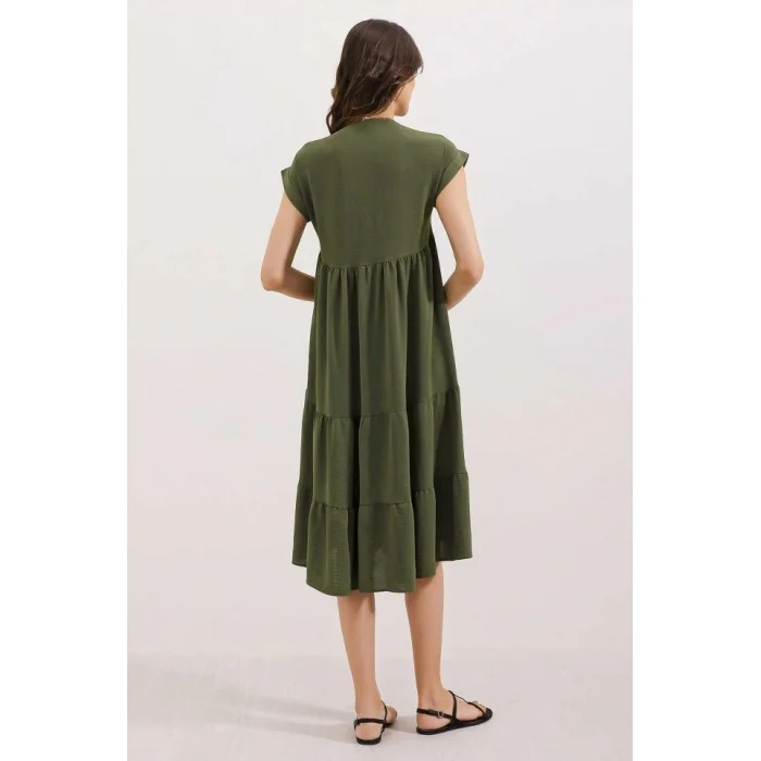 2398 V Yaka Volanlı Elbise - Haki