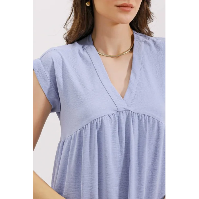 2398 V Yaka Volanlı Elbise - Mavi