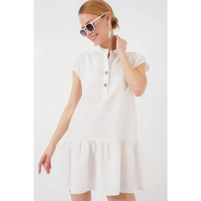 2425 Keten Mini Elbise - Ekru