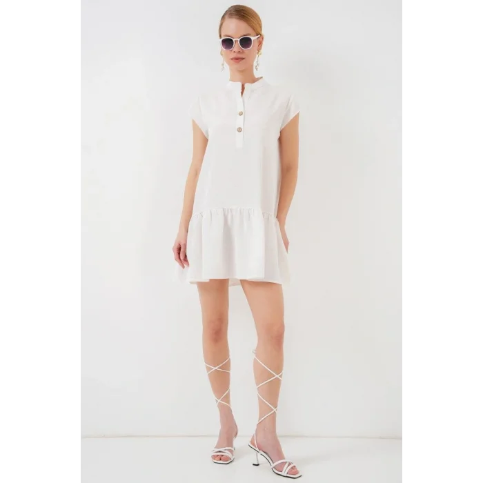 2425 Keten Mini Elbise - Ekru