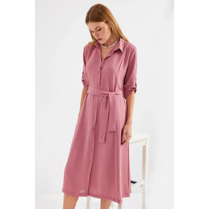 2442 Kuşaklı Gömlek Elbise - A.Gül Kurusu