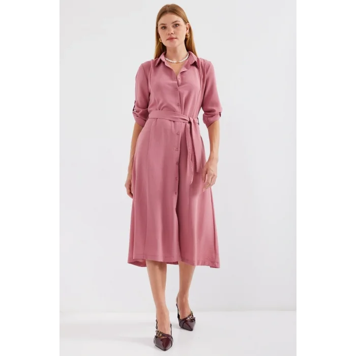 2442 Kuşaklı Gömlek Elbise - A.Gül Kurusu