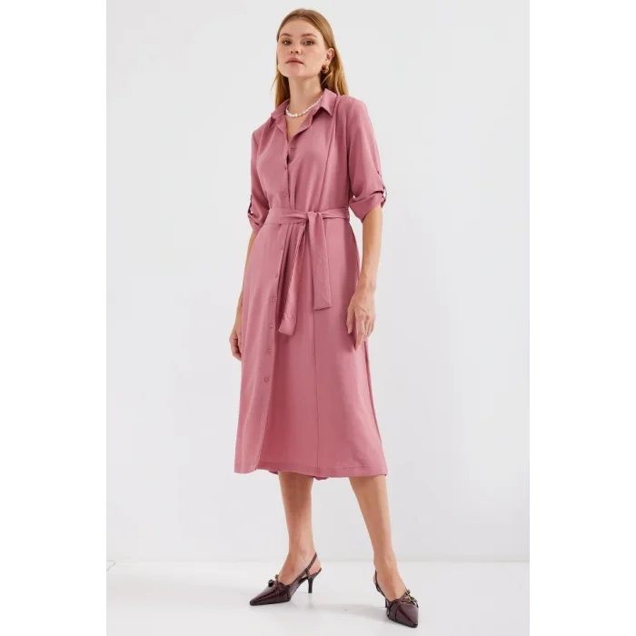 2442 Kuşaklı Gömlek Elbise - A.Gül Kurusu