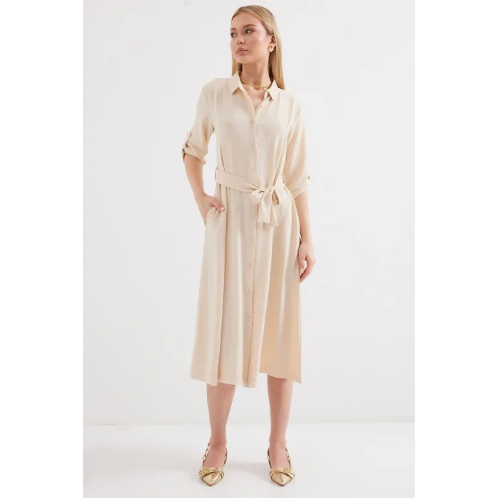 2442 Kuşaklı Gömlek Elbise - Krem