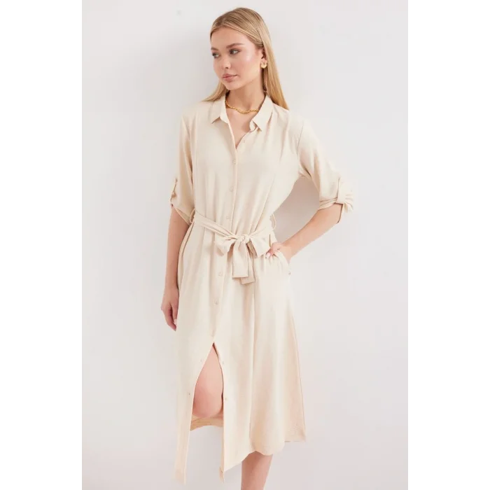 2442 Kuşaklı Gömlek Elbise - Krem